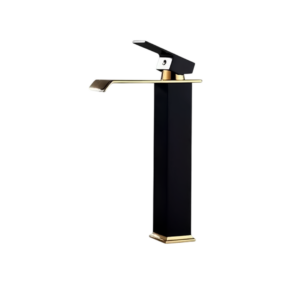 Torneira Banheiro de Bancada Cascata Quadrada Bica Alta Preto e Dourado