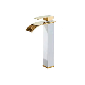 Torneira Banheiro de Bancada Cascata Curvado Bica Alta Branco e Dourado